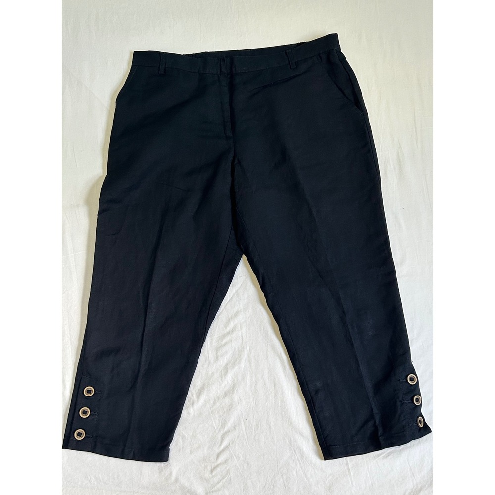 Ruby Rd Petite Black Linen‎ Blend Cropped Pants Button Hem Size 12P